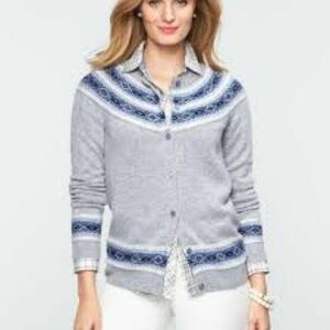 Talbots Gray Cardigan with‎ Blue Accents Lambswool Blend Size 1X NWOT